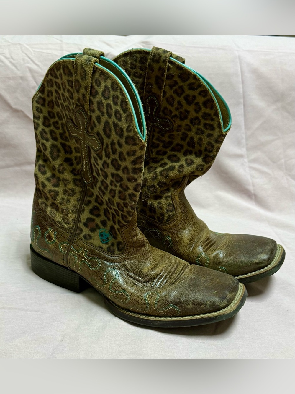 Ariat Brown Leopard-Print Western Boots with Turquoise Trim